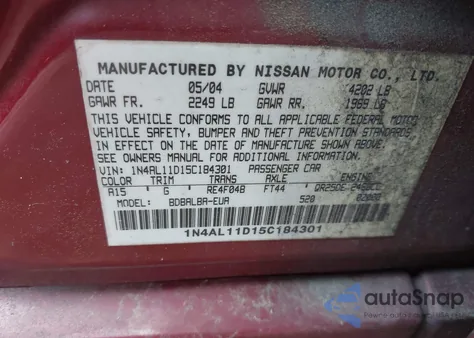 2005 Nissan Altima 2.5 S из США, поврежденный, VIN 1N4AL11D15C184301